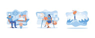 Girişimciler pazarlama stratejisi geliştirirler. Muhasebeciler bilgisayar kullanarak şirketin finansmanını analiz ederler. Erkekler başarmak için çabalıyor. Düz vektör illüstrasyonunu ayarla.