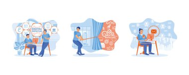 Bilgisayar programcısı ve yöneticisi. Adam ip çekiyor ve duvarda iş pazarlama kavramları yapıyor. İş hayatında doğrudan satış planları. Düz vektör resimlemesini ayarla.