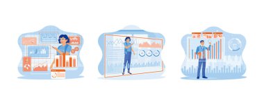 Finans ve yenilik. İş kadınları sanal ekranda dijital iş arayüzünü kullanıyor. Dijital ekonomik analiz teknolojisi. Düz vektör modern illüstrasyonunu ayarla