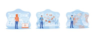 Sanal ekranın önünde duran kapüşonlu bir bilgisayar korsanı. İşadamı dijital iş arayüzü olan tablet kullanıyor. Küresel ağ bağlantısı olan bir laptop kullanan bir iş adamı. Düz vektör modern illüstrasyonunu ayarla