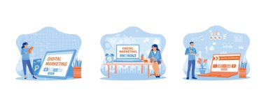 Kadın tablet ekranda bir pazarlama konsepti yaratıyor. İş kadını masanın yanındaki bir sandalyede oturuyordu. Tablet ve dizüstü bilgisayarlı bir iş adamı pazarlama kavramı yaratıyor. Düz vektör modern illüstrasyonunu ayarla