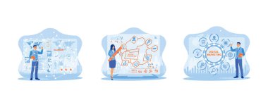 İş adamı ekranında ağ bağlantısı olan dijital tablet kullanıyor. Modern arayüzde dijital pazarlama ağı. İş adamları, sosyal medya aracılığıyla pazarlama stratejileri oluşturmak için tabletleri kullanıyor. Düz vektör modern illüstrasyonunu ayarla