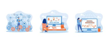 Modern bir ofiste çalışan olgun bir adam. Bilgisayarın ve akıllı telefonun önünde oturan genç bir kadın. Pazarlama hedeflerini artırmak için iş geliştirme teknolojisi kavramı. Düz vektör modern illüstrasyonunu ayarla