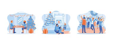 Noel arifesini paylaşan aile. Genç bir anne ve iki kızı ateşin başında ellerinde mumlarla oturuyorlar. Çeşitli gençlerden oluşan bir grup şöminenin yanında toplandı. Düz vektör modern illüstrasyonunu ayarla