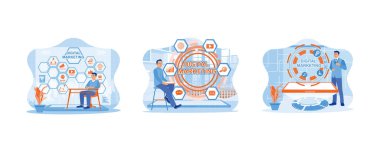 Dijital Pazarlama Teknolojisi Hedeflendi. İş adamı oturuyor ve dijital bir tablet tutuyor. etkileşimli pazarlama. Düz vektör modern illüstrasyonunu ayarla