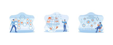 Sanal ekranın önünde duran bir iş adamı. Girişimci sanal ekranda dijital pazarlama çözümü yaratıyor. Zayıf bir şehir geçmişi olan dizüstü bilgisayar kullanan bir adam oturuyor. Düz vektör modern illüstrasyonunu ayarla