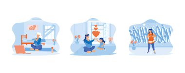 Orta yaşlı mutlu kadın bacak bacak üstüne atarak yerde oturuyor. Küçük kızıyla birlikte genç bir anne kalp işareti oluşturuyor. Grafiti duvarının önünde duran güzel kız. Düz vektör modern illüstrasyonunu ayarla