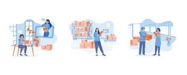 Genç bir kadın internetten alışveriş yapıyor. İş kadını depodaki malları kontrol ediyor. Kadın teslimat formunu kontrol edip imzalıyor. Düz vektör modern illüstrasyonunu ayarla