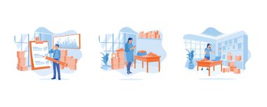 Doğrulama Emri. İş kadınının internet işi var ve evde çalışıyor. Mal göndermeden önce müşteri adreslerini kontrol etmek için bir dizüstü bilgisayar kullanıyorum. Düz vektör modern illüstrasyonunu ayarla