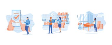 Çevrimiçi ödeme başarılı oldu. Kadın depoda malları kontrol ediyor. İş kadını kağıda emir yazıyor. Düz vektör modern illüstrasyonunu ayarla