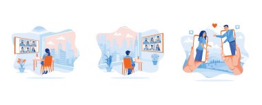 Güzel kızlar sanal ekranda arkadaşlarıyla parti yapıyor. Evden bir partiye ev sahipliği yapmak. Genç bir çift cep telefonuyla iletişim kuruyor. Düz vektör modern illüstrasyonunu ayarla