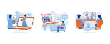 Birbirimize sanal olarak hediyeler gösterelim. Kız telefonda büyükannesi ve büyükbabasıyla konuşuyor. Mutlu genç bir çift evde video görüşmesi yapıyor. Düz vektör modern illüstrasyonunu ayarla