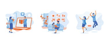 Uzun mesafeli ilişkiler ve sanal ilişkiler. Oturma odasındaki kanepede oturan genç anne ve kız. Dijital dünya. Düz vektör modern illüstrasyonunu ayarla