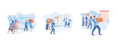 Kadın yönetmen çekim sırasında asistanla konuşuyor. İki model kameranın önüne atladı. Kamera asistanı el çırpma tahtası tutuyor. Düz vektör modern illüstrasyonunu ayarla