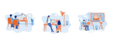 Film yapımcıları ve video editörleri bilgisayar ve dizüstü bilgisayarların önünde çalışırlar. Dijital bir multimedya şirketinde çalışıyor. Erkek editör geceleri bilgisayarda çalışır. Düz vektör modern illüstrasyonunu ayarla