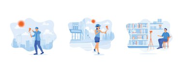 Şapkalı adam modern bir kamera kullanarak video içeriği yaratıyor. Şapkalı genç bir kadın dışarıda içerik yaratır. İçerik Yaratıcı. Düz vektör modern illüstrasyonunu ayarla