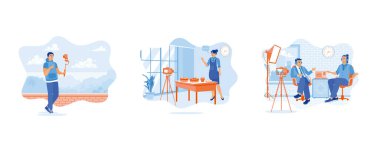 Genç erkek vlogger açık havada video içeriği oluşturur. Genç bir kadın mutfakta kek yapıyor. Vlogger stüdyoda bir adamla podcast yapıyor. Düz vektör modern illüstrasyonunu ayarla