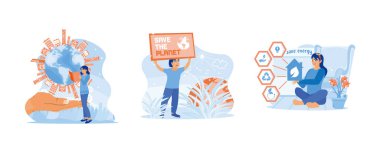 Gezegen konseptini kurtarıyorum. Genç bir kadın kitap okurken ayakta duruyor ve dünyayı atık kirliliğinden korumaya çağırıyor. Çevre dostu enerji tasarrufu kavramı. Düz vektör modern illüstrasyonunu ayarla