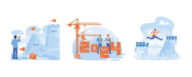 Mutlu yıllar 2024 konsepti. İş adamı teleskopları dağın tepesinde. 2024 sayılarını bir vinç kullanarak ve geçmişin uçurumundan geleceğe atlayarak düzenliyoruz. Düz vektör modern illüstrasyonunu ayarla