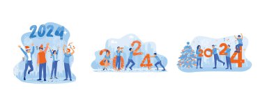 Mutlu yıllar 2024 konsepti. Mutlu insanlar 2024 yılını kutluyorlar. Erkek, kadın karakterler ve yeni yıl kutlaması. Mutlu duygular bayramları kutlar. Düz vektör modern illüstrasyonunu ayarla