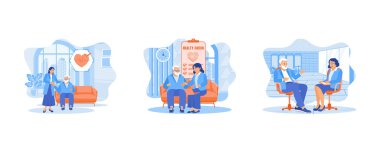 Mutlu kadın yaşlı hastayı iyi analiz sonuçlarıyla karşılıyor. Olumlu pratisyen doktor 70 'li yaşlardaki hasta kadına tablet ekranı gösteriyor. Sağlık, Geriatrik Tıp, Tıbbi Kontrol. Düz vektör modern illüstrasyonunu ayarla