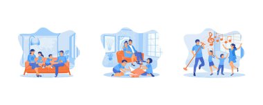 Mutlu ebeveynler ve çocuklar koltukta birlikte otururken eğleniyorlar. Genç ebeveynler kanepede dinlenirken, kız ve erkek kardeşler yerde birlikte çizim oynuyorlar. Aktif boş zamanlarını evde geçirmek. Düz vektör modern illüstrasyonunu ayarla