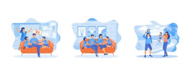 Heyecanlı ebeveynler çocuklarla seyyar ekrana bakıyor, heyecanlı hissediyorlar. Küçük çocuklu mutlu bir aile mutfaktaki kanepede oturup modern dizüstü bilgisayarlarla eğleniyor. Aile fotoğrafı parkta birlikte yürüyor. Düz vektör modern illüstrasyonunu ayarla