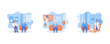Doktor evde yaşlı bir hastayla konuşuyor. Hasta son sınıf öğrencisi erkek, bilgisayar kullanarak kadın hemşireye danışmanlık yapıyor. Koltukta oturan 70 'li yaşlarda bir adam uzaktan video görüşmesi yapıyor. Düz vektör modern illüstrasyonunu ayarla