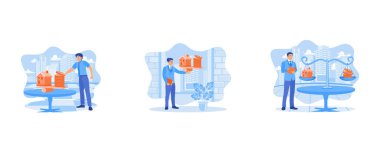 Bir grup genç girişimci ofis lobisinde toplandı. Genç girişimciler yeni bir proje üzerinde işbirliği yapıyorlar. Ofisteki iş adamı konsepti. Düz vektör modern illüstrasyonunu ayarla