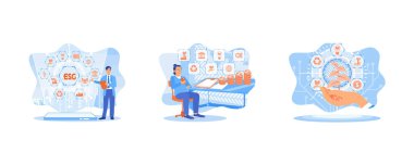 ESG Çevre Sosyal Yönetimi Yatırım İş Konsepti ekranda. Sosyal iş stratejisi, çevre, sürdürülebilirlikle ilgili riskler. Sosyal ve sürdürülebilir iş yönetimi. Düz vektör resimlemesini ayarla