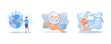 Çevre Yeşil Enerji, sürdürülebilir endüstri ve üretim konsepti. İş adamının elinde dairesel ekonomi simgesi var. Gelecekteki iş büyümesi için atık ve kirliliği ortadan kaldırmak için sürdürülebilir stratejiler. Düz vektör modern illüstrasyonunu ayarla