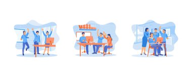 Başarılı takım çalışması konsepti. İş arkadaşları projelerin başarıyla tamamlanmasını ve büyük başarıları kutluyorlar. Mutlu ifadeli insanlar. Düz vektör resimlemesini ayarla