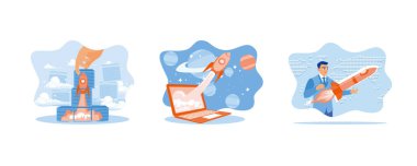 Başarılı bir iş kurma, yeni proje konsepti başlatma. Yaratıcı, yenilikçi bir fikir. Roket fırlatma konsepti. Düz vektör illüstrasyonunu ayarla.