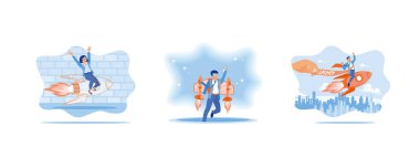 Roket fırlatma konsepti. İş kurma ya da başarılı proje ilerlemesi. Profesyonel kalkınma ve girişimcilikle ilgili fikir. Düz vektör illüstrasyonunu ayarla.