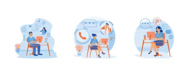 Teknik destek ve müşteri bakımı. Müşteri hizmetleri konseptini arayan bir kadın. Düz vektör illüstrasyonunu ayarla.