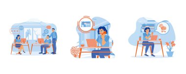 Çağrı merkezinde çalışan iş adamları. Ofisteki müşteri hizmetlerini arıyorum. Çevrimiçi Alışveriş İçin Heyecanlı Kadın. Müşteri hizmetleri konseptini arayan bir kadın. Düz vektör illüstrasyonunu ayarla.