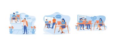 İnsanlar müşteri hizmetlerini arıyor. Çağrı merkezinde çalışan dost canlısı gençler. Müşteri hizmetleri konseptini arayan bir kadın. Düz vektör illüstrasyonunu ayarla.