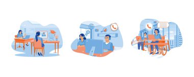 Yönetici eğitim ve eğitim talimatları veriyor. Maluliyet bürosundaki çağrı merkezinde çalışan bir çalışan. Müşteri hizmetleri konseptini arayan bir kadın. Düz vektör illüstrasyonunu ayarla.