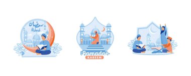 Genç bir çocuk Kuran okuyor. Yetişkin adam merdivenlerde dua ediyor. Müslüman çocuklar Ramazan 'ı memnuniyetle karşılıyorlar. Ramazan Kareem konsepti. Düz vektör resimlemesini ayarla.