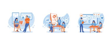 İş kadını ofiste müşterilerle toplantı yapıyor. Kurulun önünde duran bir kadın. Kampanya fikirlerini kadın müşterilere sunmak. Ajans çalışanı müşteri toplantısı konsepti. Düz vektör resimlemesini ayarla.