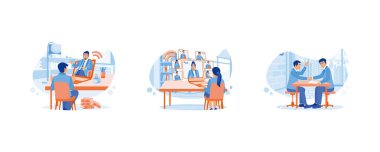 Bir iş adamı iş ortağıyla konuşuyor. Bilgisayarda bir video görüşmesi yapıyor. Webcam grup toplantısı düzenliyor. İK yöneticileri başvuruları iş görüşmesi sürecinden önce karşılıyor. Ajans çalışanı bir müşteri konseptiyle buluşuyor. Düz vektör resimlemesini ayarla.