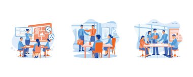 Kadınlar ayakta duruyor ve bir iş tanıtım stratejisi yönetiyor. Dost canlısı bir erkek lider yeni bir personelle tokalaşıyor. İş adamları toplantı masasında şirket sunumlarını tartışıyor. Ajans çalışanı bir müşteri konseptiyle buluşuyor. fla ayarla