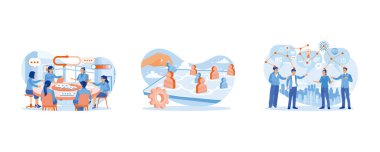 İnsanlar ofiste buluşuyor. İnsanlar ve çalışanlar arasındaki işbirliği ve etkileşim. İnsanlar ve çalışanlar arasındaki işbirliği ve etkileşim. Takım iletişim konsepti. Düz vektör resimlemesini ayarla.