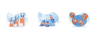 Bir grup öğrenci öğrenme sürecinde ilerliyorlar. Edebiyat festivaline katılmak için kitap okumak. Çeşitli ülkelerden öğrenciler veya çalışanlar çevrimiçi öğrenim kursları alıyorlar. Öğrenme süreci konsepti öğrencileri. Düz vektör resimlemesini ayarla.