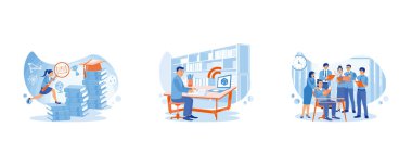 Öğrenciler yeni bilgi ve araştırma görevleri öğrenmek için internete giriyorlar. Erkek öğrenci oturuyor ve dizüstü bilgisayarla ödev yapıyor. Sınavlar için hazırlık. Öğrenme süreci konsepti öğrencileri. Düz vektör resimlemesini ayarla.