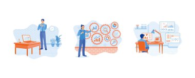 Modern bir ofiste çalışan bir erkek muhasebeci. Erkek müdür KPI 'a bağlı dişlilere dokunuyor. Erkek işadamı bilgisayar ekranında veri analiz ediyor. İş analizi konsepti. Düz vektör resimlemesini ayarla.