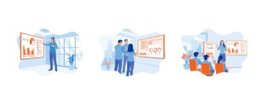 CEO bir grup yatırımcı için ürün satış verileri sergiliyor. Ofisin gelir artışı grafiğini analiz et. Projektör ekranındaki finansal büyüme grafiği. İş analizi konsepti. Düz vektör resimlemesini ayarla.