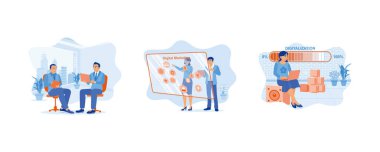 Ofiste dizüstü bilgisayar ve defter kullanan iş adamları. Sanal ekranlardaki pazarlama planlarını ve stratejilerini kavramsallaştır. Bilgisayara DIGITALIZATION hologramı yükleniyor. Dijital iş konsepti. Düz vektör resimlemesini ayarla