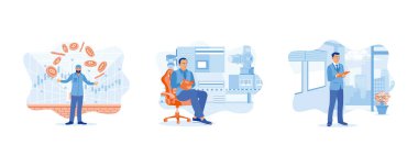 Borsa çizelgelerini analiz eden bir iş adamı. Endüstriyel güvenlik risk değerlendirmelerini denetleyin. Ofis mali verileri analiz ediliyor. Mali kontrol sahneleri konsepti. Düz vektör resimlemesini ayarla