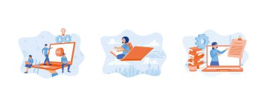 Erkekler ve kadınlar bilgisayar teknolojisinde eğitimi artırıyorlar. Okula dönelim. Uzaktan eğitim. Eğitim konsepti. Düz vektör resimlemesini ayarla